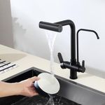 KINKIBOS Black 3 Way Filter Mixer Tap for Kitchen Sink, Triflow Filter Tap with 4 Modes Pull-Out Sprayer, 360° Rotatable Drinking Water Kitchen Tap with Dual Lever, Brass Body