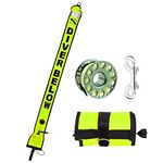 Scuba Surface Marker Buoy (SMB) Set, 5ft Hi-Visibility Reflective Band Open Bottom Safety Sausage with 100ft Alloy Finger Spool Dive Reel and Double-ended Snap Hook Fits Underwater Fluorescent Yellow