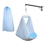 Beetot New Born Baby Swing Cradle (Jhula) Set | Mosquito Net, Spring, Triangle Window Hanger | Weight Capacity Up To 20Kg | Age From 0-12 Months | (White+Blue+Printed) - Cotton