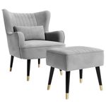 Vesgantti Velvet Armchair with Footstool and Lumbar Pillow, Modern Wing Back Accent Chair with Ottoman, Large Occasional Chair for Living Room Bedroom Study Room Office(Gray)