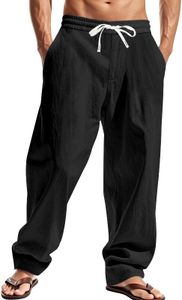 TAFLE Mens Linen Pants Casual Yoga Pants for Men Elastic Waist Drawstring Baggy Summer Beach Pants with Pockets Black