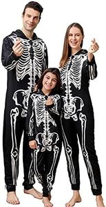 ANGELGGH Family Matching Halloween Onesie Pajamas, Funny Skeleton Printed Hooded Zippered PJs Holiday Loungewear for Men/Women (Women, M, Skull)