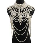 Women Faux Pearl Beaded Body Chain Shawl Jewelry Layered Bib Necklace Collar, Imitation Pearl Metal