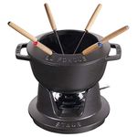 Staub Fondue Set with 6 Forks, Suitable for Cheese, Chocolate and Meat Fondue, Cast Iron, Black, 18 cm