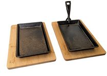 Black Rock Grill Cast Iron Skillet, Sizzler Plate, Fajita Skillet + Wooden Board 2 Set