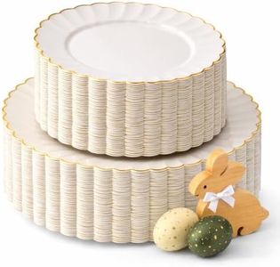By Madee HIGH END 100 PC Scalloped Ivory and Gold Plates for Thanksgiving Dinner | Fall Plates and Friendsgiving Plates | Thanksgiving Plastic Plates | 50 Dinner Plates and 50 Dessert Plates (Gold)