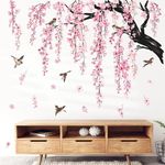 wondever Large Flower Tree Branch Wall Stickers Decor for Living Room Pink Cherry Blossom Floral Birds Wall Art Decals for Bedroom TV Wall (150cm*143cm)