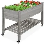Best Choice Products Raised Garden Bed 48x24x32-inch Mobile Elevated Wood Planter w/Lockable Wheels, Storage Shelf, Protective Liner - Gray