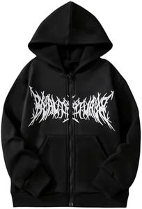 GORGLITTER Boy's Letter Graphic Kangaroo Pocket Sweatshirt Long Sleeve Zip Up Hoodie Black 10Y