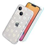 UZEUZA Case Compatible with iPhone 14 6.1-Inch, Clear Glitter Holographic Laser Love Heart Pattern Phone Case for Girls Women Lady, Aesthetic Cute Cover & Screen Protector for iPhone 14 (2 in1)