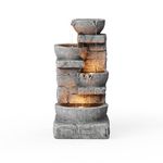 Teamson Home Cascading Bowls & Stacked Stone Outdoor Water Fountain with LED Light, Grey