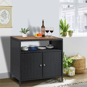GarveeLife Outdoor Patio Bar Table with 2-Door and Shelf Patio Wicker Storage Cabinet with Shelf,Powder Coated Steel,All Weather Resin Wicker,Patio Pool Garden Kitchen,Brown