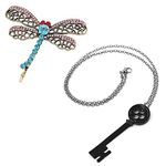 Coraline Doll Pins Coraline Black Key Pendant Necklace Coraline Dragonfly Hairpin Coraline Cosplay Accessories Set for Men Women (3pcs)