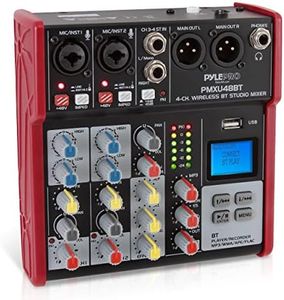 PYLE Studio Audio Sound Mixer Board - 4 Channel Bluetooth Compatible Professional Portable Digital DJ Mixing Console with USB Mixer Audio Interface - Mixing Boards For Studio Recording - PMXU48BT