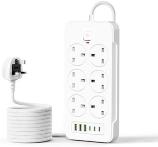 AOUOO Extension Lead with 3 USB Slots (3.4A) and 3 C, 6 Way Plug Extension Socket Surge Protection Power Strip with 2M Extension Cable, 13A/3250W Switch Surge Protected Power Strips for Home -White