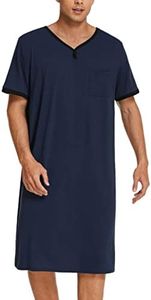 Ekouaer Pajama Shirts Men's Short Sleeve Nightgown Henley Nightshirt V Neck Sleep Shirt Lounger,Navy Blue,XXL