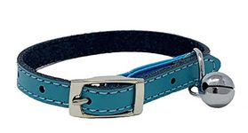 Cat Collar Real Leather with Safety Elastic, Bell, Available (Blue)