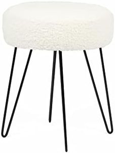 OHS Teddy Fleece Stool Hairpin Boucle Leg Foot Stool Rest Bedroom Upholstered Vanity Dressing Table Chair Round Pouffe - White