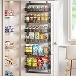 Over the Door Pantry Organizer, 6 Tier Metal Hanging Spice Rack with Detachable Guardrail, Space Saving Hanging Baskets for Kitchen Pantry Bathroom Organization Storage, Black