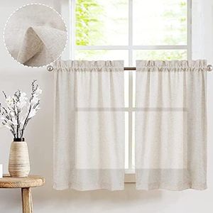 JINCHAN Tier Curtains Linen Textured Small Cafe Curtain Long Curtains for Kitchen Window Treatment Set 24 Inches 2 Panels Crude