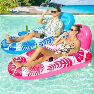 FindUWill Pool Floats Adult - 2 Pack Oversized Pool Chairs, Tanning Pool Lounger, Inflatable Pool Float Lounge with Cup, Phone Holder, Backrest, Footrest (Blue&Red)