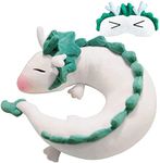 Anime Neck Pillow White Dragon Plush Doll Toy Kids Travel Neck Pillow Cute Haku Plush with Sleeping Eye Mask for Christmas Birthday Gift