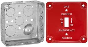 (Pack of Box and Cover) 4" Square Electrical Box, Emergency Gas Shut-Off Cover for Toggle Switch, Crushed Corners, Drawn Construction, Ten 1/2", Six 3/4" Knockouts, Raised Ground, 1-1/2" Deep