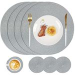 famibay Placemats and Coasters Set of 4 Round Woven Placemats Washable Heat Reasist Place Mats Grey Table Mats and Coasters for Kitchen Dining Table