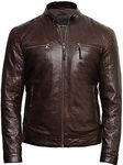 BRANDSLOCK Mens Genuine Leather Biker Jacket Vintage Crinkle Retro (L, Brown)