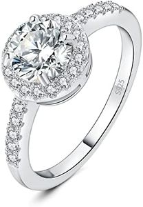 JewelryPalace Anillos Mujer Plata de Lay Corte Redondo Finos, Anillos Clasicos Chapado Oro Blanco Compromiso Promesa, Anillo con Circonitas Halo Diamante Simulado para Novios Boda, Conjunto Joyas 19