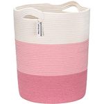 Sea Team Large Size Cotton Rope Woven Storage Basket with Handles, Laundry Hamper, Fabric Bucket, Drum, Clothes Toys Organizer for Kid's Room, 20 x 14 inches, Round Open Design, White & Pink