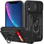 Aolcev for iPhone XR Case with Card Holder Slot Wallet Case with Slide Camera Cover Ring Kickstand Heavy Duty Hard PC Soft TPU Bumper Armor Shockproof Protective Case Cover for iPhone XR-Black