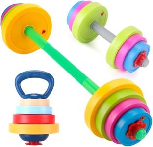 Kids Exercise Weight Set - 3-in-1 Adjustable Workout Toy Equipment for Children Pretend Play Exercise - Toddler Beginner Gym, Fitness, Weightlifting and Powerlifting (Dumbbell, Barbell, Kettlebell)