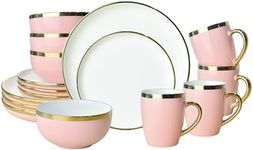 Ceramic Dinnerware Sets for 4, 16-Piece Pink Luxury Plates and Bowls Sets with Gold Rim, Modern Dish Set for Wedding Christmas Anniversary, Crack Resistant | Dishwasher & Freezer Safe