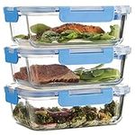 Airtight Glass Food Containers With Lids 1035ml [3Pk] Newly Innovated Hinged Locking Lid- BPA-Free Food Storage Meal Prep Container- 100% Leak Proof Takeaway Containers, Freezer to Oven Safe Lunch Box