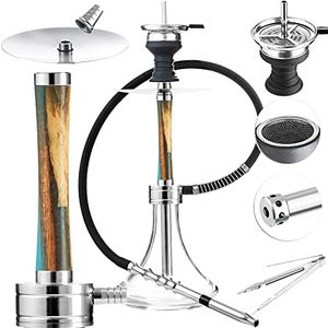 Hookah Set with Silicone Hose Bowl Tongs Mouth Tips Everything Accessories, Wood Shisha Complete Set Small Glass Aluminum Hookahs Portable Hooka Blue