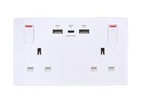 USB Type C Double Socket - 35W Max Fast Charging | Double Wall Fast Charge Socket with 2 X USB A and 1 X USB C | Modern White Screwless Design 13A 2 Gang socket with usb