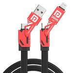 Portronics Procharge 4 60W 4-In-1 Multifunctional Fast Charging Cable With Multiple Port & Metal Zinc Alloy Head, Tangle Free Flat Cable, Type C to Type C/Lightening, USB A, Fast Data Sync (Red+Black)