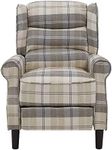 Home Detail Tartan Arm Chair Recliner in Beige or Grey Fabric, Living Room Chairs or Bedroom Chairs with Manual Reclining Function, High Back, Wing Back, Padded Armrests (Beige)