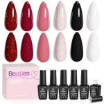 Beetles Gel Nail Polish Kit, 6 Colors Queen of Hearts Collection Pink Red Glitter Gel Polish Rose Golden Black White Gel Soak Off Nail Lamp Cured DIY Home Manicure Kits Mother‘s Day Gifts for Women