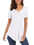 Halife Women's Casual Long Sleeve Henley V-Neck Loose Fit Pleated Tunic Shirt Blouse Tops, A-white, Medium