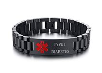 Type 1 Diabetes Stainless Steel Masculine Watch Wrist Band Link Medical ID Bracelet Men's Medical Alert Wristband for Men-Adjustable