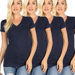 Zenana 4 Pack Women's Basic Solid V-Neck T-Shirts, Navy, Large