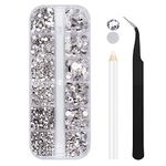 Weico 2000PCS Clear Round Crystal Rhinestones, 6 Size Non-Self-Adhesive Flat Back Gemstone with Tweezers and Picking Rhinestones Pen for Crafts Nail Art Eye Makeup Clothes Shoes Bags DIY Decoration