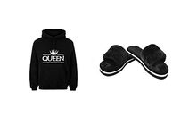 Bhains Ki Ankh Women Black Cotton Queen Printed Sweatshirt & Hoodie with Faux Fur Slipper Combo (HODIE-SLPR_QUEEN-L-37)