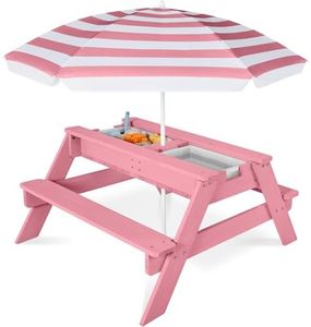 Best Choice Products 3-in-1 Sand and Water Table for Toddlers, Kids Picnic Table with Umbrella, Seats up to 4, 220 lb Capacity Per Bench, Removable Top Panel, 2 Buckets - Pink