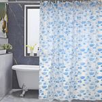 Kuber Industries PVC Floral Shower Curtain with Hooks, Size Standard (Blue), Washable, Pack of 1