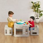 hoopyosms Kid Montessori Table and 2 Chair set, Children Plastic Activity Table with Stools, Cube Table Chair for Preschoolers, Toddler Educational Furniture for Playroom, Grey