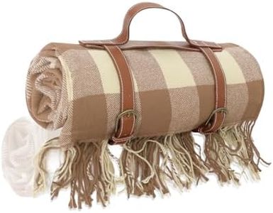 NOONOOJOOJOO Picnic Blanket Extra Large Waterproof with Strap 59"x79" - Machine Washable Tassels Faux Wool Cashmere for Park, Grass, Camping, Hiking, Concerts (Coffee Plaid, 59"X79")