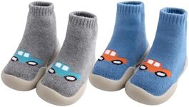 FABRST 2 Pairs Baby Warm Thick Sock Shoes Toddler Infant Non Slip Soft Rubber Sole Slippers First Walking Shoes for Baby Boys Girls(Grey Blue Car, 12-18 Months)